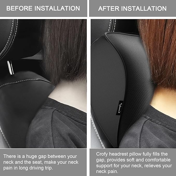 Crofy 2-Pack Car Neck Pillow, Softness Car Headrest Pillow for Driving with Adjustable Strap, 100% Memory Foam and Breathable Removable Cover, Comfortable Ergonomic Design, 4.7 Inches Thick
