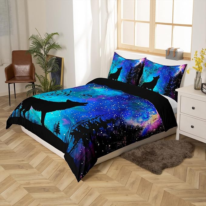 Castle Fairy Blue Galaxy Bedding Set Queen Size,Wolf Animal Trees Silhouette Duvet Cover Set for Children Xmas Bedroom Present, Stars Nebula Space Microfiber Comforter Cover with 2 Pillowcases, Soft