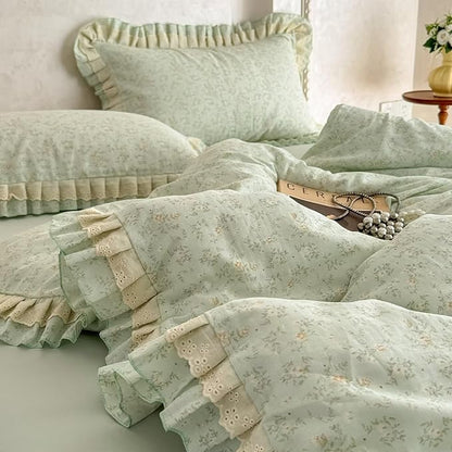 BuLuTu Ruffled Lace Duvet Cover Set Twin, Romantic Green Floral Bedding Set 100% Muslin Cotton Coquette Aesthetic Flower Comforter Cover Shabby Chic Cute Duvet Cover with Zipper Closure
