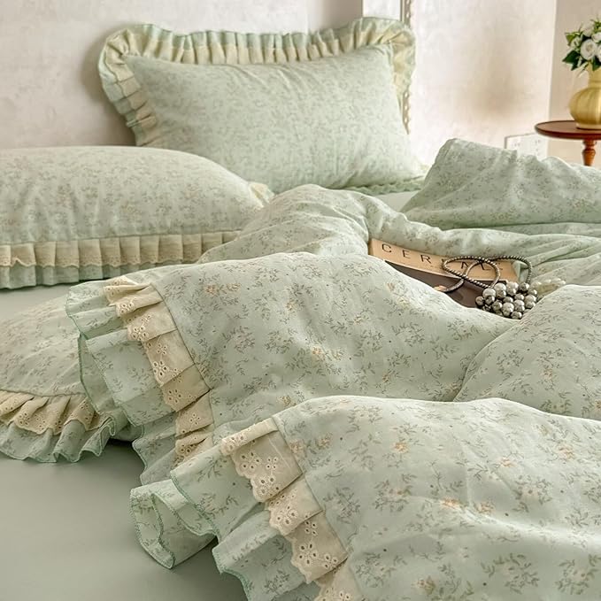 BuLuTu Ruffled Lace Duvet Cover Set King, Romantic Green Floral Bedding Set 100% Muslin Cotton Coquette Aesthetic Flower Comforter Cover Shabby Chic Cute Duvet Cover with Zipper Closure