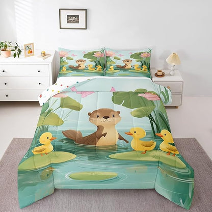 Castle Fairy Cartoon Otter Kids Toddler Comforter Set Cute Duck Pink Lotus Butterfly Bedding Sets for Boys Girls Teens Lovely Wild Animal Rustic Style Quilted Comforter with 1 Pillowcase 2 Pcs