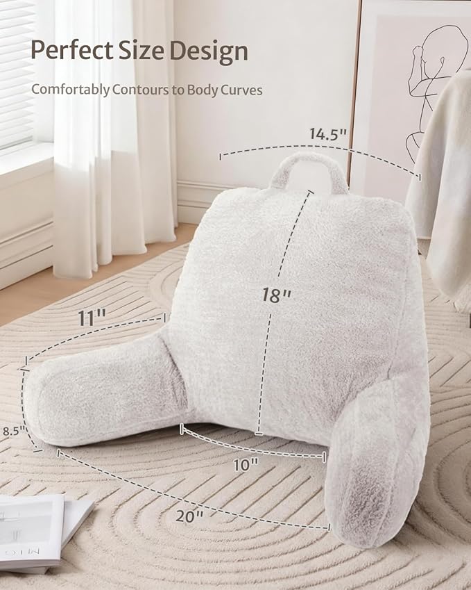 Blissful Diary Plush Velvet Reading Pillow for Kids/Teens/Adults, Back Rest Pillow for Sitting Up in Bed with Shredded Memory Foam, Includes Arms and Washable Cover, Pure White