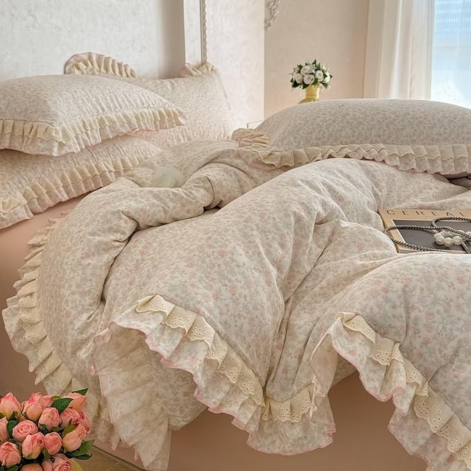BuLuTu French Cottage Pink Floral Duvet Cover Queen, Lace Bedding Set for Teens Girls Ruffled Duvet Cover, Soft Breathable Muslin Cotton Comforter Cover with Zipper Closure, 4 Ties