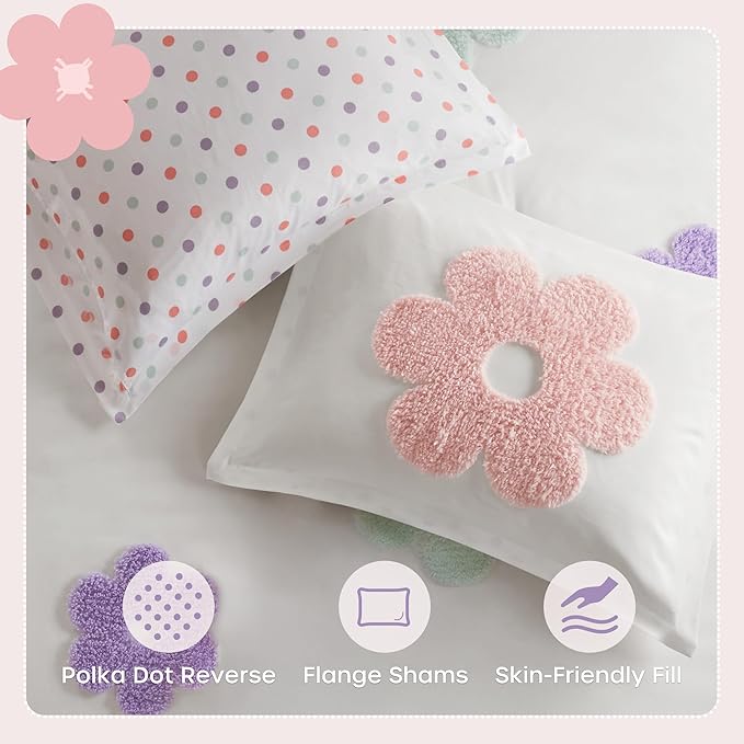 Intelligent Design Kids Twin Comforter Set for Girls, Tufted Chenille Floral, Lightweight Polka Dot Comforter Reversible Bed Set, Sham, Pillow, Gracie, Twin White/Purple 3 Piece