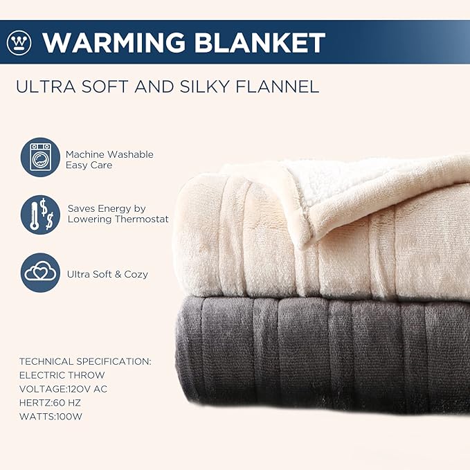 Westinghouse Electric Blanket King, Heated Blanket King Size with 10 Heating Levels and 1 to 12 Hours Heating Time Settings, Flannel to Sherpa Reversible, Machine Washable (90" x 100", Charcoal)