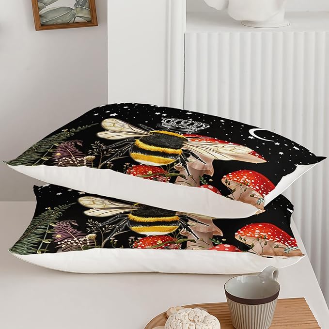Black Bee Comforter Set Twin Size, 3Pcs Animal and Mushroom Moom Stars Bedding Set for Kids Adults with 2 Pillowcases for Bedroom All Season