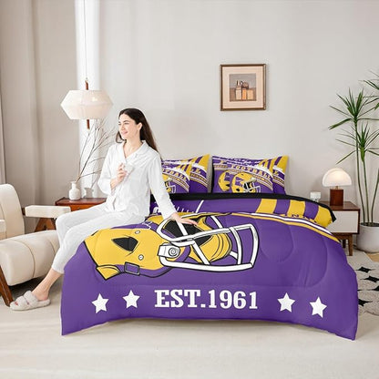 Erosebridal Football Bedding Rugby Seasonal Color Comforter Set Queen, Cartoon 3D Helmet Sports City Illustration Comforter + Flat Sheet + Fitted Sheet + 2 Pillowcases + 2 Throw Pillow Covers