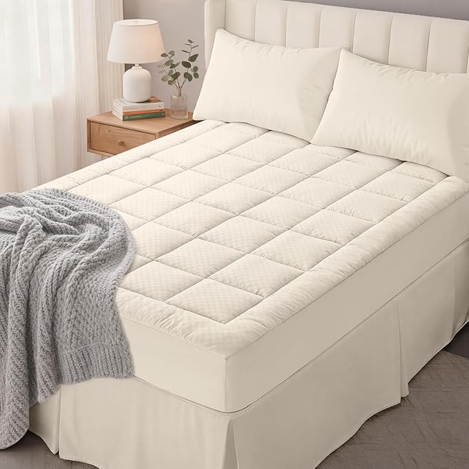 OLANLY Queen Quilted Fitted Mattress Pad – Soft Pillow Top Mattress Topper, Down Alternative Fill, Cooling Comfort Breathable Mattress Cover, Machine Washable Deep Pocket Mattress Protector, Ivory