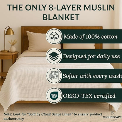 Cloud Scape Linen 8-Layer Muslin Blanket King Size for Adult - 100% Cotton, Heavy Weighted and Soft, All Season, Winter Cozy Blanket, Fits up to California King Bed, 92x108, White