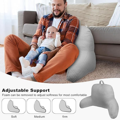 Reading Pillow, Silk Back Support Pillow for Bed Sitting Up, Large Bed Rest Pillow with Arms for Adults,Back Support Pillow for Couch and Chair, Grey