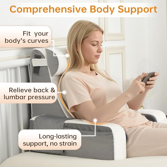 Vekkia 21" Reading Pillow for Sitting in Bed – 60° Ergonomic Wedge Back Pillow, XL Side Pockets, Support Chair for TV, Gaming, Working, Nursing, Recovery in Bed, Floor, Dorm, Great Gift Idea