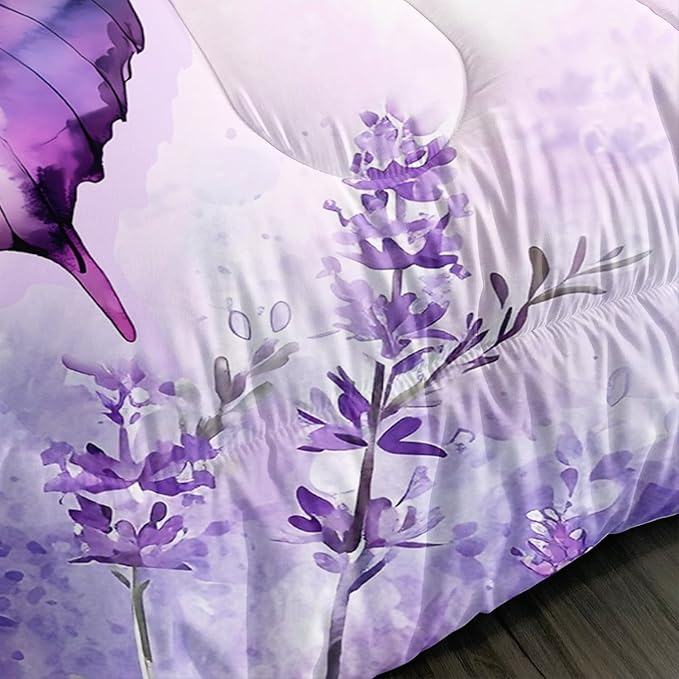 Beautiful Butterfly Comforter Set Full Size,Blossoming Lavender Flowers Bedding Set for Kids Girls Toddlers Room Decor,Nature Insect Themed Comforter Sets with 2 Pillowcases.
