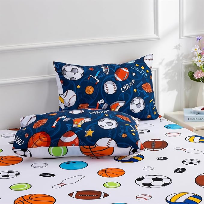 A Nice Night 6Pcs Bed in A Bag Queen Sports Microfiber Modern Comforter Set,Navy Rugby Ball Printed Bedding Collections,for Boys Kids Teen