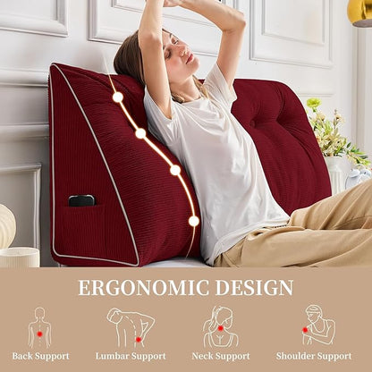 Sasttie Headboard Pillow King, Wedge Pillow Headboard for Sitting Up in Bed, Back-Rest Support Triangular Cushion for Reading - Features Removable Washable Cover, Wine