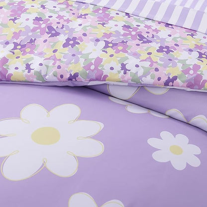 Queen Comforter Sets for Girls, Purple Daisy Kids Bedding Set Reversible with Cute Floral, All Season Bed in a Bag 7 Pieces with Sheets, Pillowcases & Shams