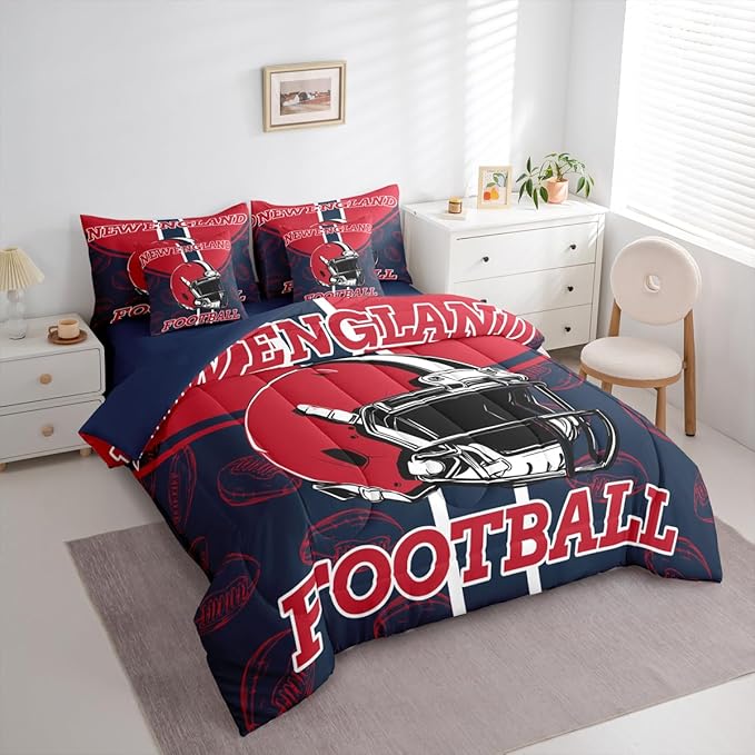 Feelyou Football Queen Comforter Set with Sheets for Kids Boys Girls Ball Games 7 Pieces Bedding Set Rugby Bed in a Bag City of Footballs Room Decor Rugby Sports Soft Lightweight