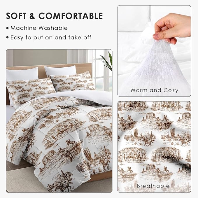Twin Size Comforter Set with Pillowcase, American Desert Cowboy Horse Soft 2 Pcs Bedding for Kids and Adults, Western Country Vintage Comforter Set for Room Bedroom Bed Decor