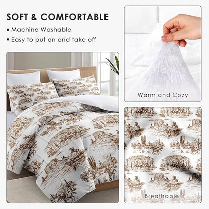 Twin Size Comforter Set with Pillowcase, American Desert Cowboy Horse Soft 2 Pcs Bedding for Kids and Adults, Western Country Vintage Comforter Set for Room Bedroom Bed Decor