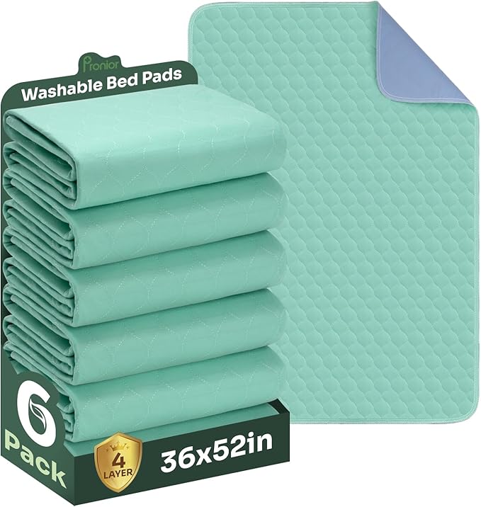 Hide Stains Bed Pads Washable Waterproof for Incontinence, 4-Layer Absorbency Pee Pads, Washable Underpad, Bed Wetting Pad for Elderly, Adults, Pets, 36"x52"-6 Pack, Green