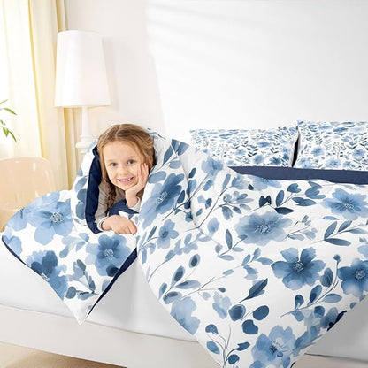Erosebridal Blue and White Floral Queen Comforter Set,Vintage Navy Blue Flower Bedding Sets for Kids Girls,Botanical Plant Leaves Bed Set,Farmhouse Flowers Room Decor,2 Pillowcases Breathable