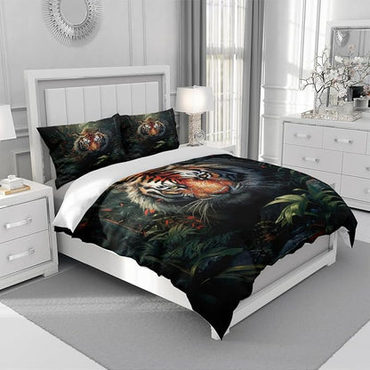 Tiger Bed Sheets Twin Size with A Pillow Cases Standard Size,Black Tiger Print Sheet Set for Kids Boys Girls Gorgeous Animal Skin Bedroom Decor, Animal Fitted Flat Sheet