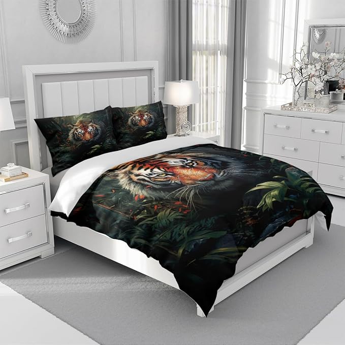 Tiger Bed Sheets King Size with A Pillow Cases Standard Size,Black Tiger Print Sheet Set for Kids Boys Girls Gorgeous Animal Skin Bedroom Decor, Animal Fitted Flat Sheet
