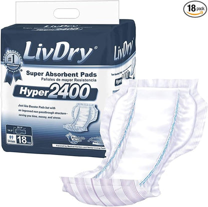 LivDry High Absorbency Pad Insert for Incontinence Briefs and Adult Diapers, Women and Men, Hyper 2400 (18 Count)