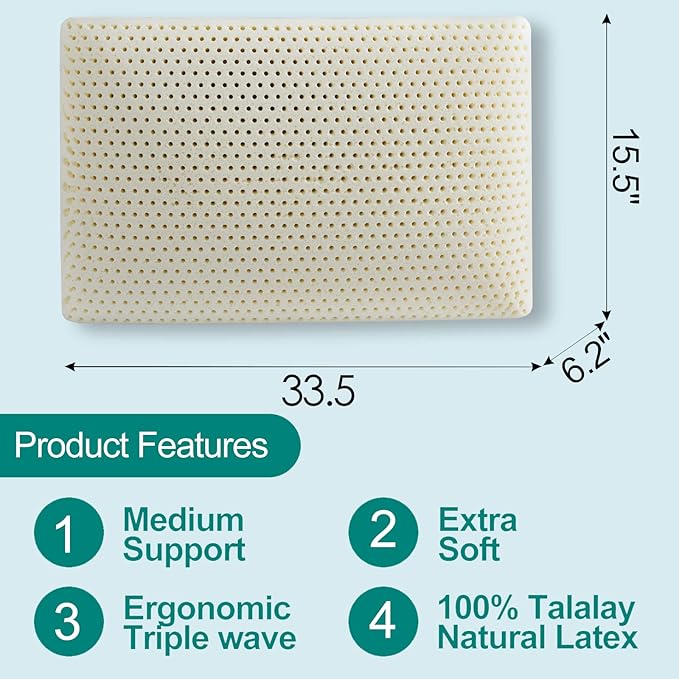Talalay Latex Pillow, Extra Soft Latex Foam Pillow for Sleeping, King Size Bed Pillow for Back with Removable Cotton Inner Cover, Side and Stomach Sleepers, Helps Relieve Shoulder and Neck Pain