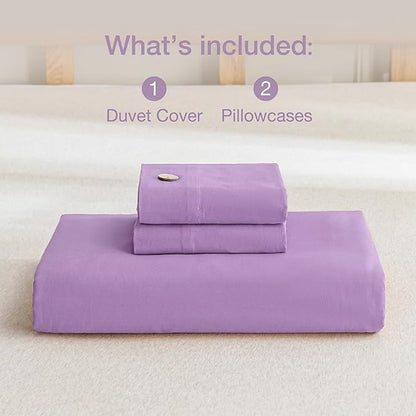JELLYMONI Cotton Duvet Cover Queen Size - Light Purple Comforter Cover with Button 100% Washed Cotton 3PCS Breathable Soft Solid Bedding Set Duvet Cover 90×90in & 2 Pillowcases (NO Comforter)