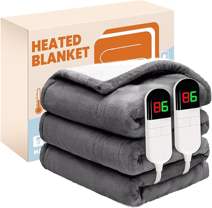 Electric Heated Blanket, Flannel & Sherpa Fast Heating Soft Fleece Heated Queen Blanket 84"x90" with 6 Heating Levels & 10H Auto Off - Light Grey