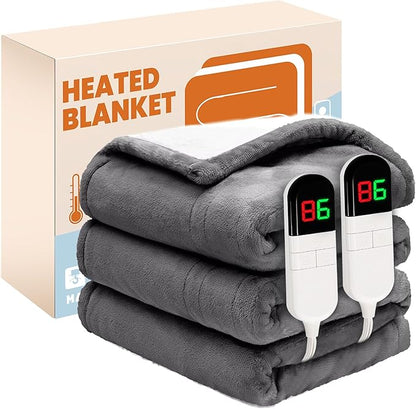 Electric Heated Blanket, Flannel & Sherpa Fast Heating Soft Fleece Heated Queen Blanket 84"x90" with 6 Heating Levels & 10H Auto Off - Light Grey