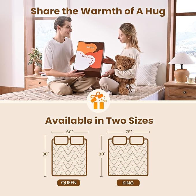 Bearhug Queen Electric Mattress Pad, Dual Control Bed Warmer with 10 Heat Level, Auto Shut Off Timer, Zipper Heated Mattress Pad with Deep Pocket Up to 18",ETL Certified, Machine Wash 60" x 80", Brown