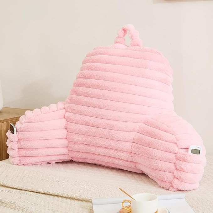 Faux Fur Fluffy Pink Reading Pillow with Pockets, Luxury Striped Plush Decorative, Arm Rests and Back Support for Bed Rest, Lounging on Sofa, Extra Large Size for Adult.