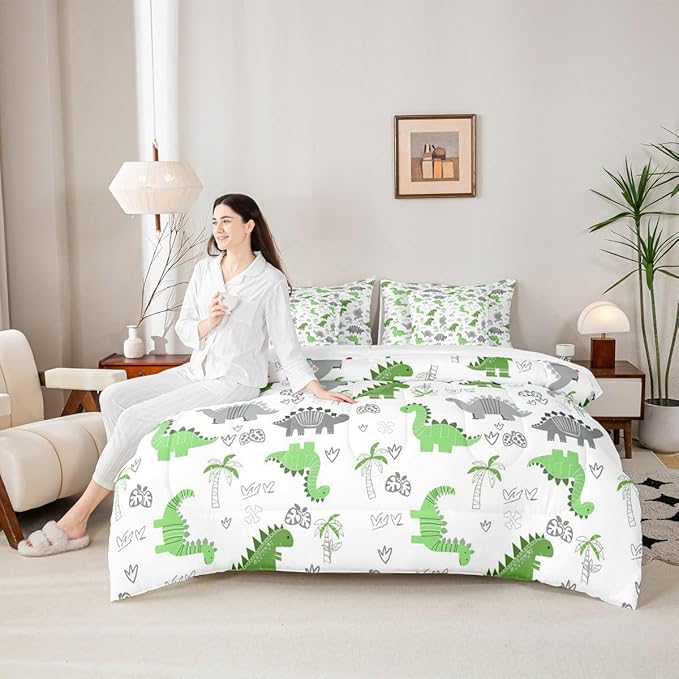 Feelyou Cute Dinosaur 7 Piece Bedding Set Bright Green Grey Dinosaur Comforter Set with Sheets for Kids Boys Girls Nutrue Palm Tree Bed in a Bag Animal Theme Bed Set Soft Lightweight