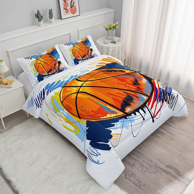 Basketball Comforter Set Hand Drawn Basketball Sports Comforter Sets Quilt with 1 Comforter and 2 Pillowcases for Kids Boys Girls Bedroom All Season（Basketball-3 Queen）
