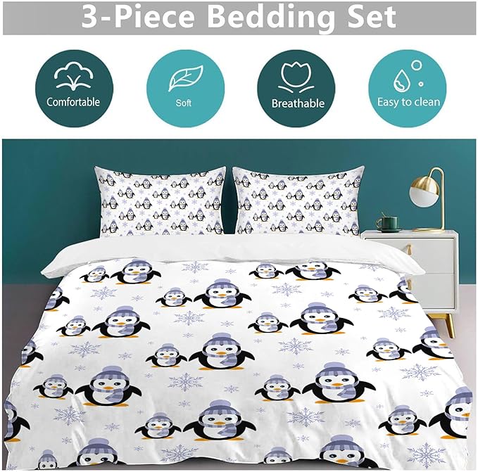 Penguin Bedding Set Cartoon Penguin Animal Theme Comforter Set Covers for Kids Teens Women Penguins Duvet Cover Bedroom Decor Soft King Size Quilt Cover with 2 Pillowcases
