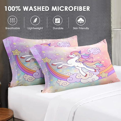Twin Size Comforter Set with Pillowcase & Sham, Cute Animal Unicorn 5 Pcs Bedding for Kids and Teens, Rainbow Girls Love Bed in a Bag with Flat Fitted Sheet