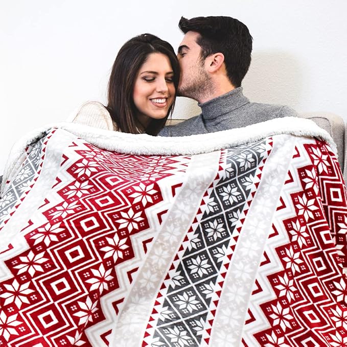 PAVILIA Premium Christmas Sherpa Throw Blanket, Red White Snowflake Holiday Blanket, Ultra-Soft Reversible Fleece Winter Throw for Home Decoration, Cozy Plush 50x60