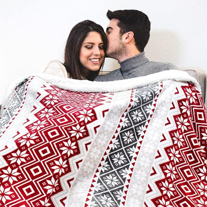 PAVILIA Premium Christmas Sherpa Throw Blanket, Red White Snowflake Holiday Blanket, Ultra-Soft Reversible Fleece Winter Throw for Home Decoration, Cozy Plush 50x60