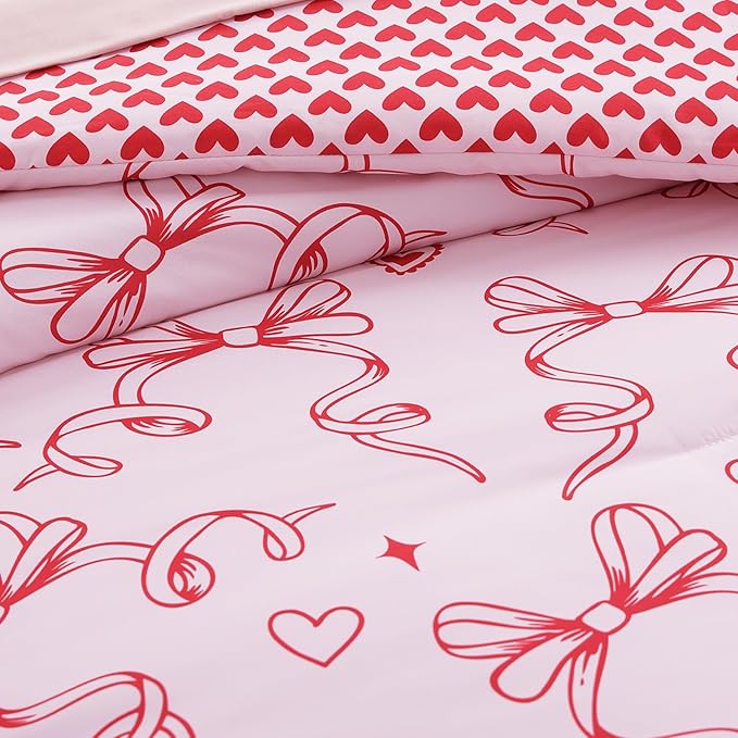 Twin XL Comforter Set for Girls, Red Bow Bedding Set Reversible with Cute Heart, All Season Kids Dorm Bed in a Bag 5 Pieces with Sheets, Pillowcase & Sham