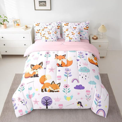Erosebridal Floral Fox Comforter Set King Size,Cartoon Zoo Animal Bedding Set for Kids Teens,Cute Flower Bed in a Bag （Comforter, Sheets, Pillowcases & Cushion Covers）