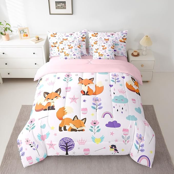 Erosebridal Floral Fox Comforter Set Twin Size,Cartoon Zoo Animal Bedding Set for Kids Teens,Cute Flower Bed in a Bag （Comforter, Sheets, Pillowcases & Cushion Covers）