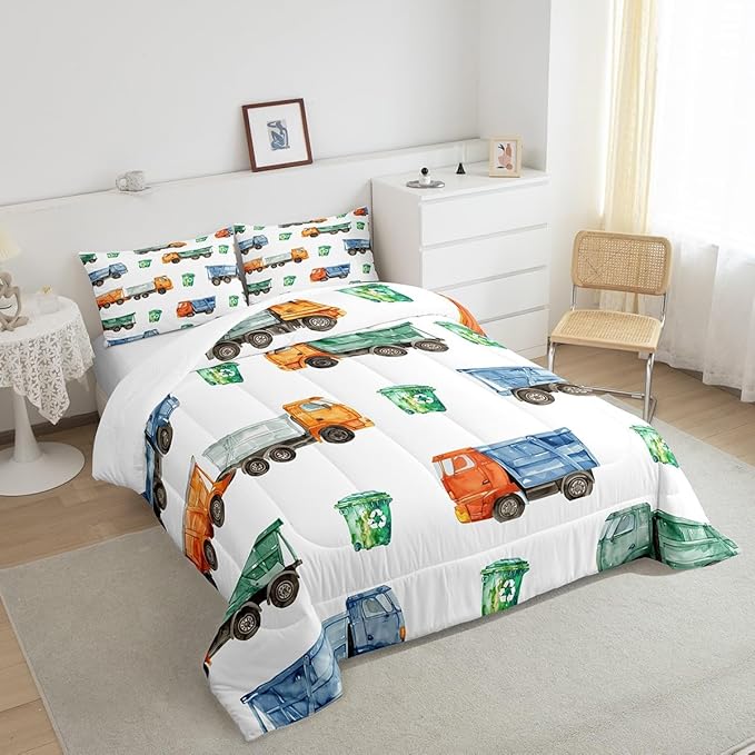 Erosebridal Toddler Bedding Set Garbage Trucks Comforter Set Vintage Watercolor Garbage and Trash Truck Bedding Comforter Sets Twin for Boys Girls Refuse Classification Trash Vehicles Bed Set