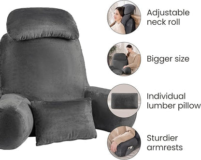 NOONTIDE Reading Pillow for Sitting up in Bed and Couch,32" X-Large Back Pillow for Adult & Teens with Soft Adjustable Neck Roll Backrest Pillow,Washable Cover,Watching TV/Gaming/Relaxing(Darkgrey)