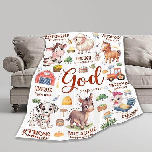 Farm Animal Blanket,Bible Verse Blanket, Christian Gifts, Cow Sheep Horse Chicken Dog Tractor Print Blankets,Cute Religious Gifts for Girls Boys,Farm Animals Lover Room Bed Decoration, 40"x50”