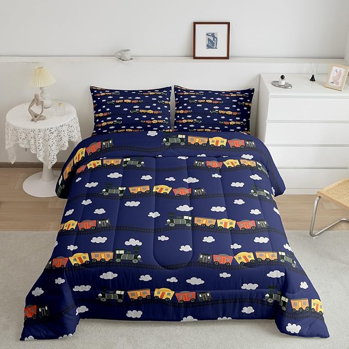 Erosebridal Cartoon Train Bedding Sets Navy Locomotive Train Comforter Set Queen,Smoking Steam Engine Down Comforter for Kids Toddler Cute Clouds Transportation Cars Duvet Insert 3 Pieces