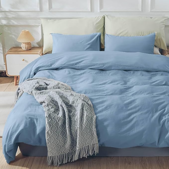 NEXHOME PRO Duvet Cover Set 100% Washed Cotton California Kingn 104"x98", Organic Natural Linen Look Textured 3 Pieces Bedding Set Blue with Zipper Closure & Corner Ties, Breathable (No Comforter)
