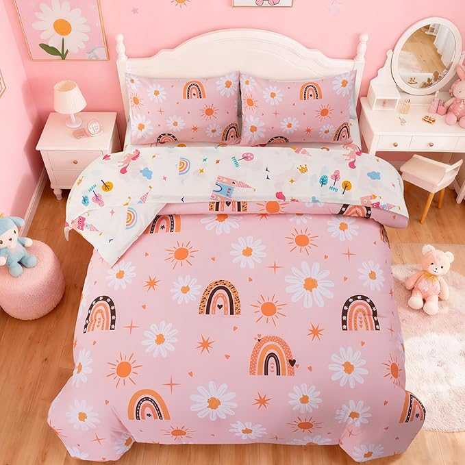 Holawakaka Boho Rainbow Daisy Full Comforter Set with Sheets, 5-Piece Bohemian Sun Flower Bedding Set for Girls & Women - Super Soft Microfiber Kids Teen-Girls Orange Reversible Bed-in-a-Bag