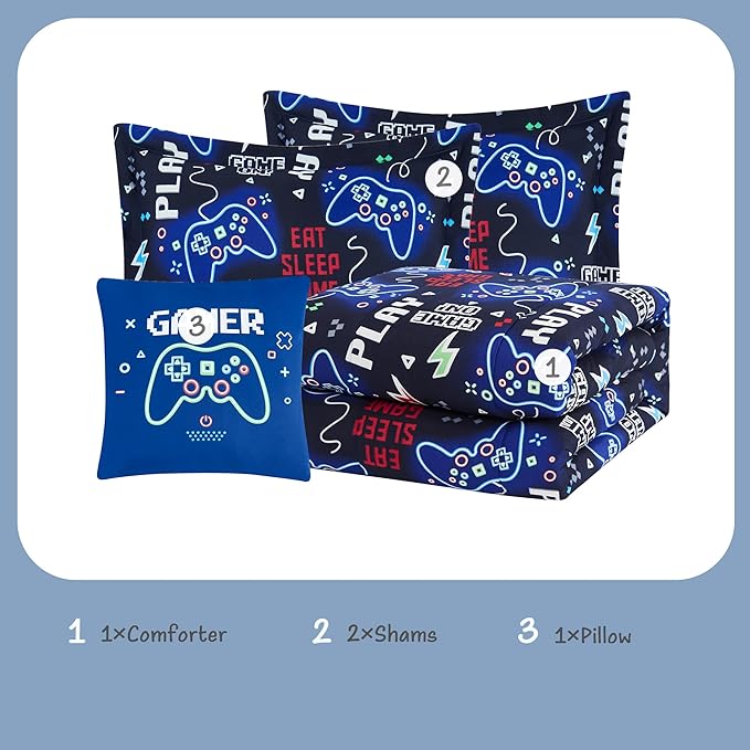 Kids Comforter Set Full Size for Boys, Glow in The Dark Gamer Bedding Set 1 Comforter, 1 Decor Pillow, 2 Pillow Shams