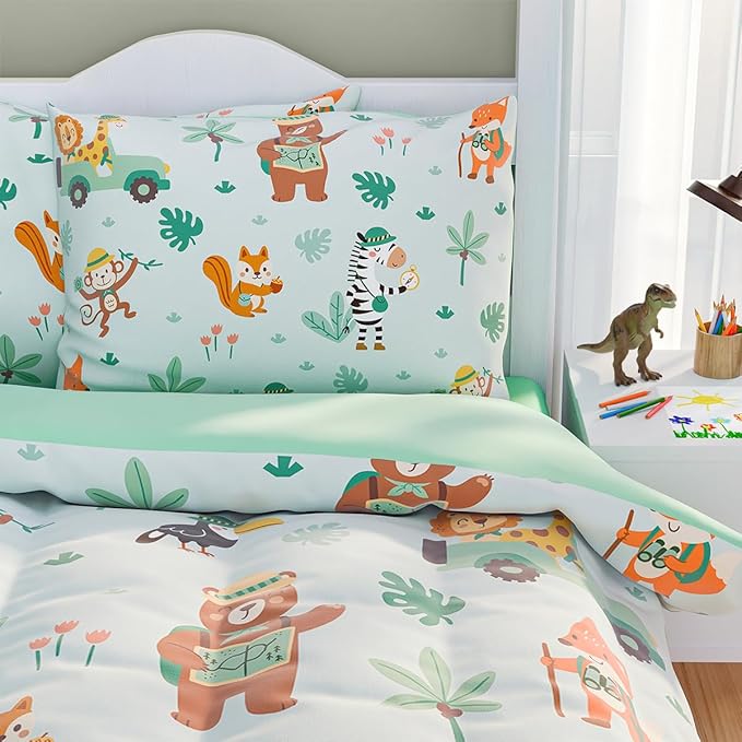 SANDJEST Jungle Animal Comforter Set Full Size 98x86in for Kids Boys, Microfiber 4 Pcs Bedding Set Includes 1 Comforter, 2 Pillowcases, 1 Fitted Sheet, Nursery Room Decor